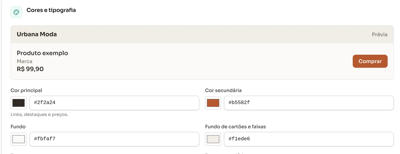 Configuração de cores da loja no painel do MinhaLoja, com prévia do resultado