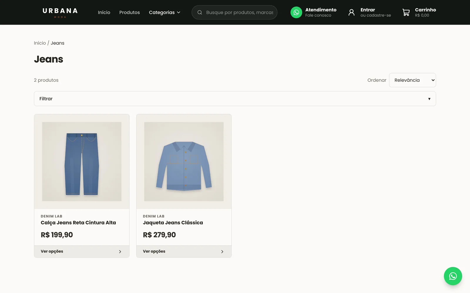 Página da categoria Jeans na Urbana Moda, com filtro, ordenação e produtos