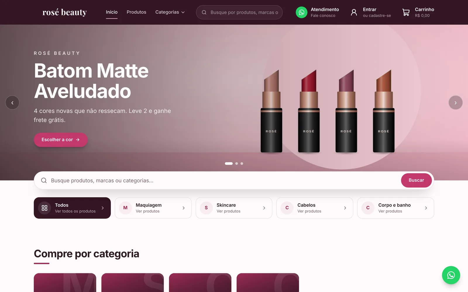 Página inicial da Rosé Beauty, loja de demonstração de cosméticos