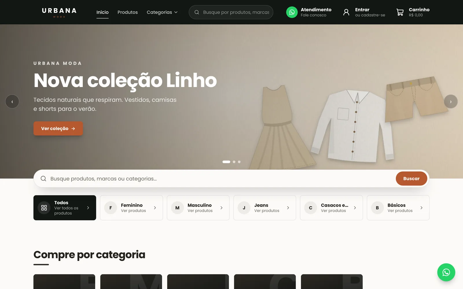 Página inicial da Urbana Moda, loja de demonstração do MinhaLoja, com banner da coleção, busca e categorias