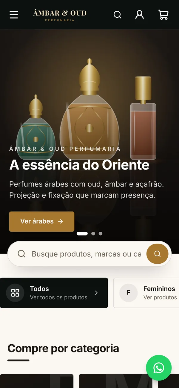 Âmbar & Oud: vitrine em preto e dourado