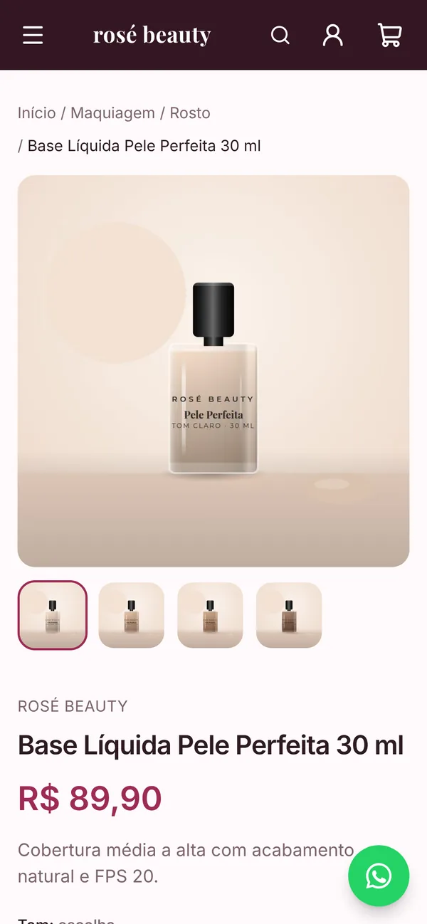Página de produto da Rosé Beauty no celular, com fotos, preço e descrição
